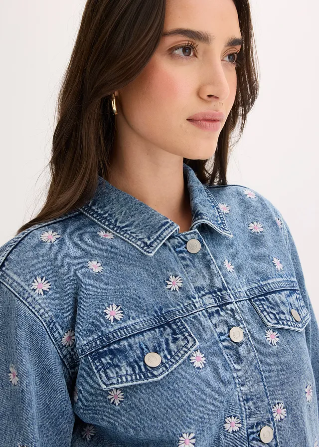 Džínová bunda s květinovou výšivkou • světle modrý denim used • bonprix obchod