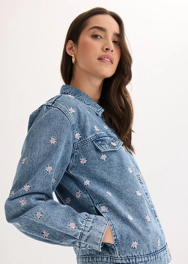 Džínsová bunda s kvetovanou výšivkou • svetlomodrá denim used • obchod bonprix
