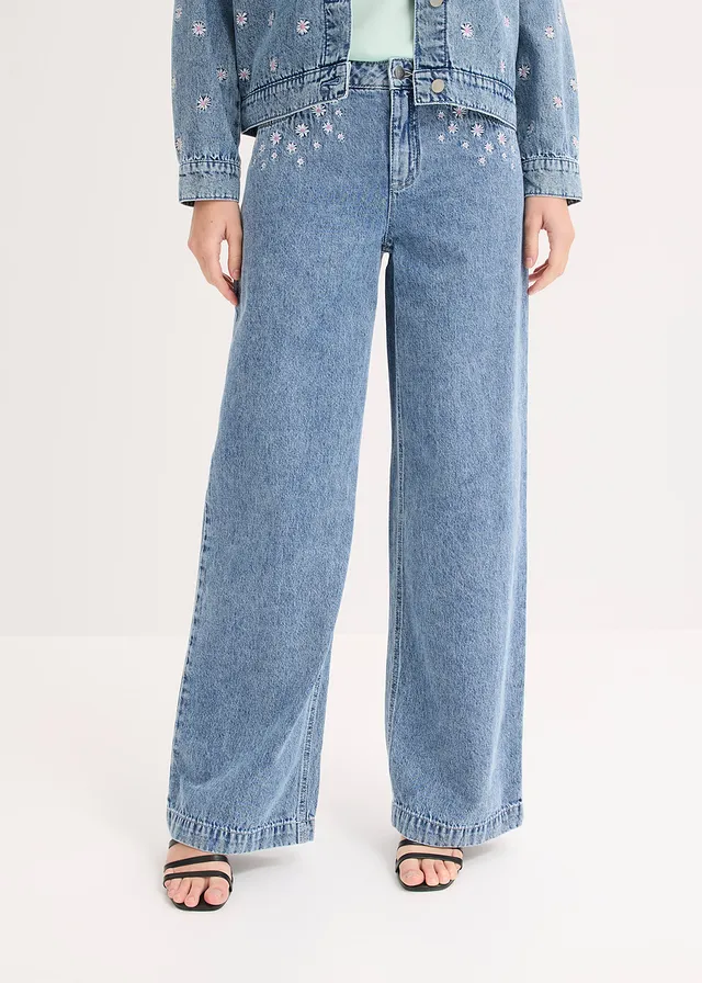 Wide Leg farmer, Mid Waist, pamut, szín: világoskék denim, használt hatású
