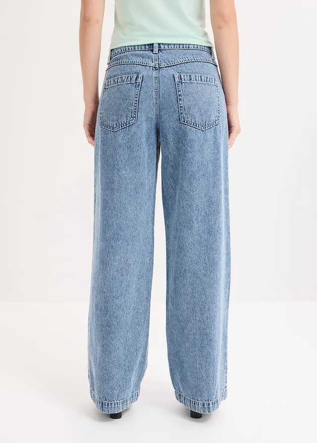 Jeansy wide leg, mid waist, z bawełny, kolor: 