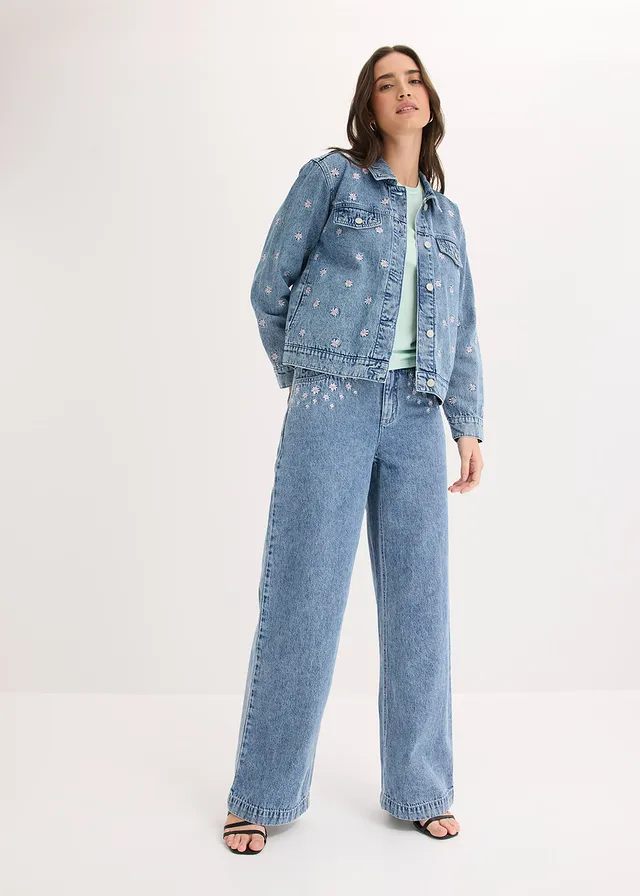 Wide Leg farmer, Mid Waist, pamut, szín: világoskék denim, használt hatású