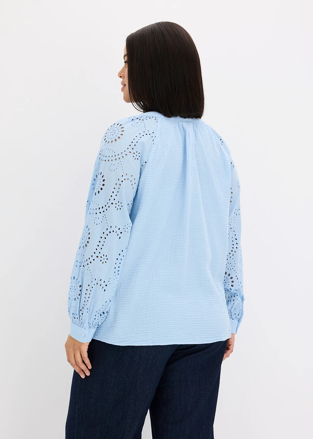 Tuniekblouse van luchtige mousseline, Kleur: lichtblauw