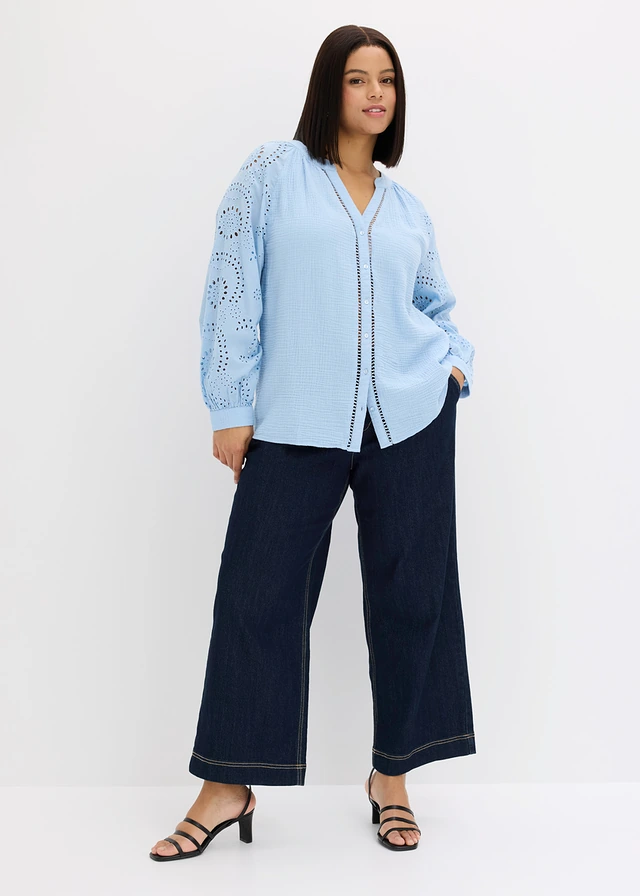 Tuniekblouse van luchtige mousseline, Kleur: lichtblauw
