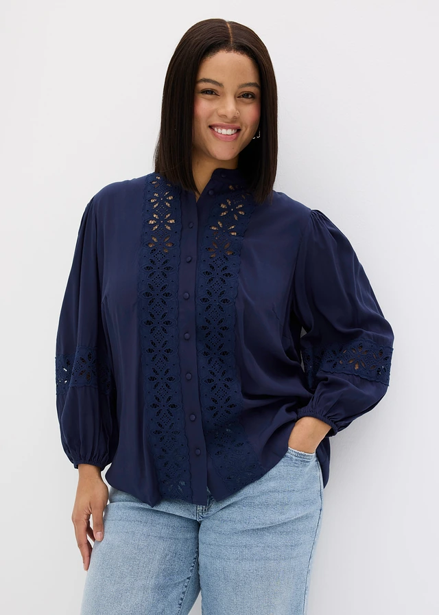 Blouse met kant van een soepele viscosemix, Kleur: donkerblauw