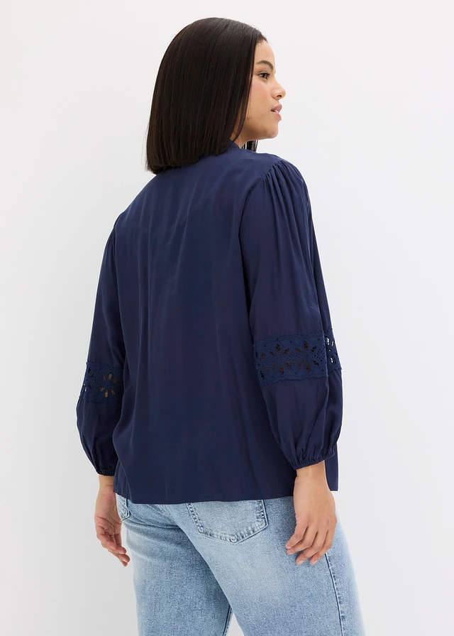 Blouse met kant van een soepele viscosemix, Kleur: donkerblauw