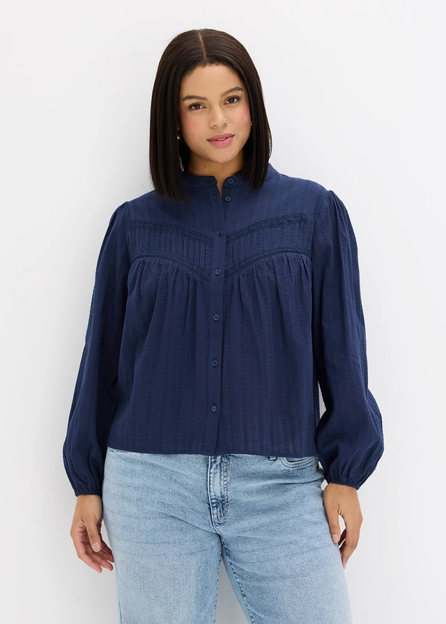 Chemisier brodé en coton, Couleur: bleu foncé