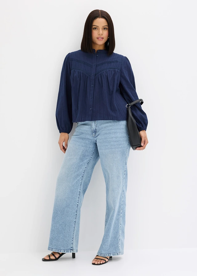 Chemisier brodé en coton, Couleur: bleu foncé