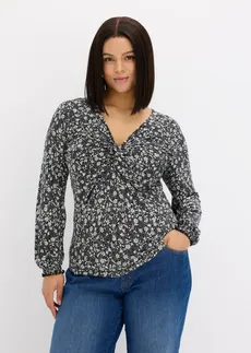 Triko ze splývavé viskózy, barva: černo-přírodní bílá s květy