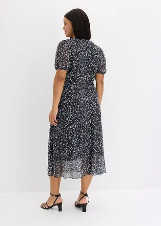 Jersey jurk van fijn mesh, Kleur: zwart/wolwit gebloemd