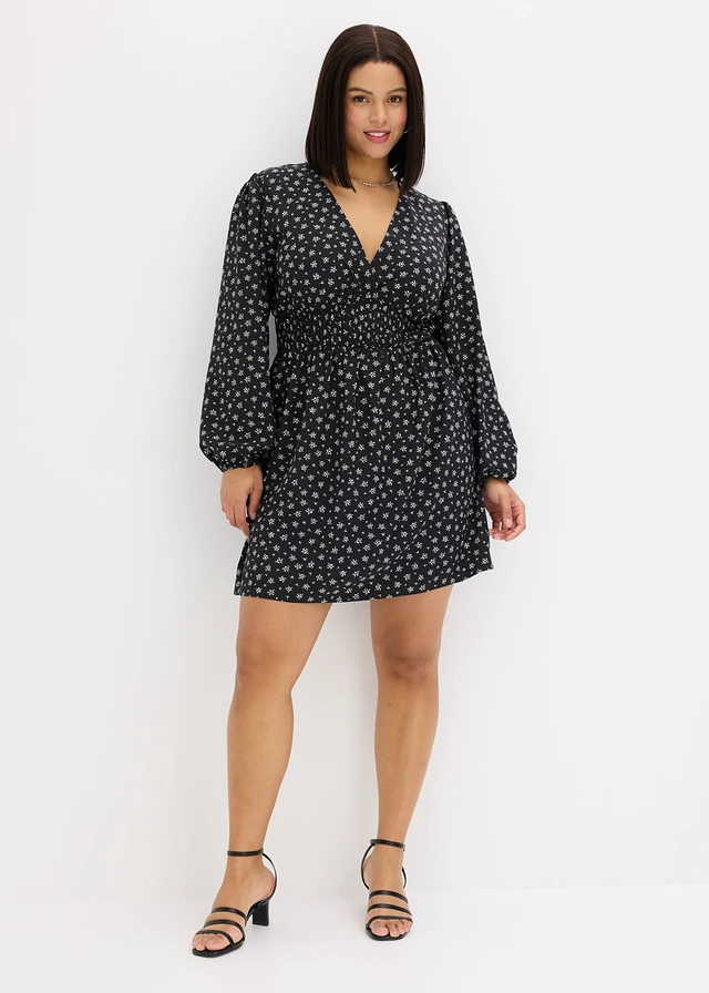 Robe courte à manches bouffantes, Couleur: noir-blanc imprimé
