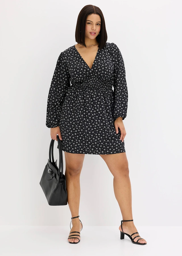 Robe courte à manches bouffantes, Couleur: noir-blanc imprimé