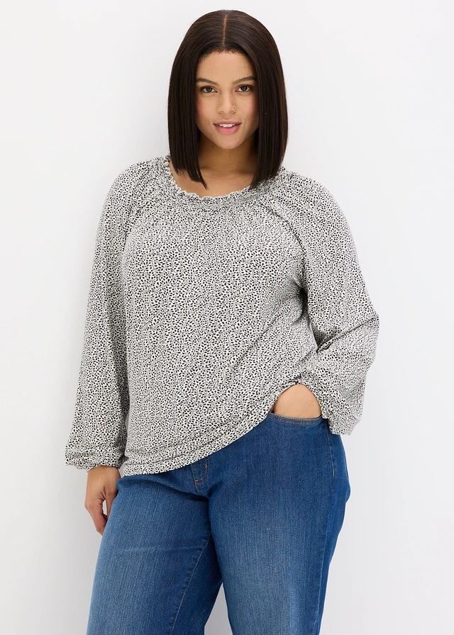 Longsleeve in een viscosemix, Kleur: wolwit-zwart