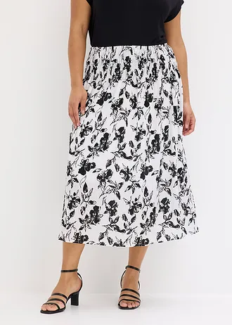Midirok van zachte viscose, Kleur: wit-zwart gebloemd