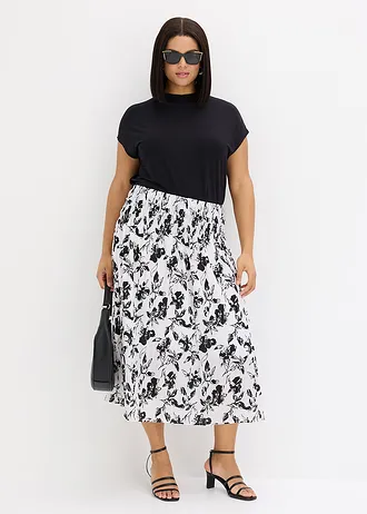 Jupe midi à fronces, Couleur: blanc-noir floral