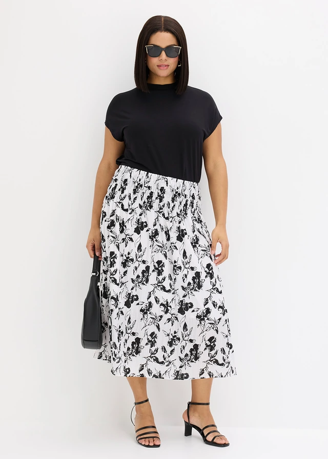 Jupe midi à fronces, Couleur: blanc/noir floral