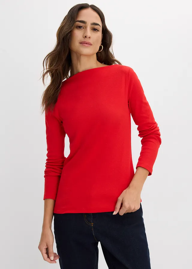 Accentuerend geribd shirt, Kleur: aardbeirood