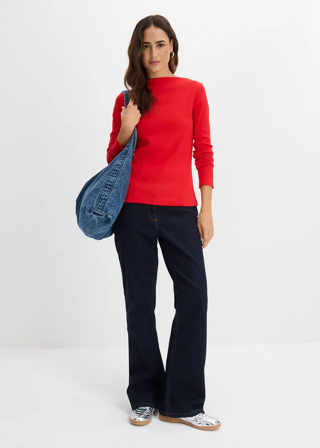 Accentuerend geribd shirt, Kleur: aardbeirood