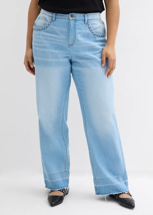 Wide leg jeans van katoen, mid waist, Kleur: lichtblauw denim used
