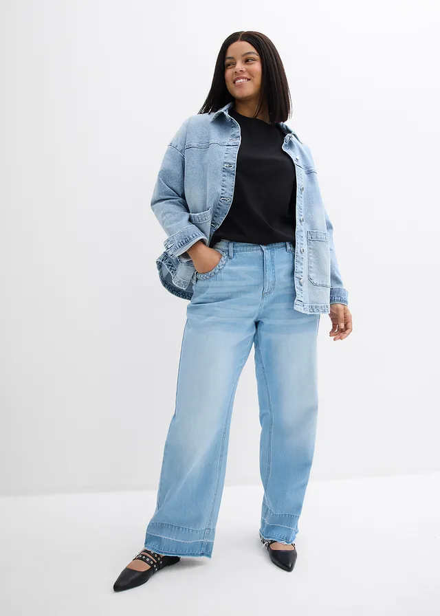 Wide leg jeans van katoen, mid waist, Kleur: lichtblauw denim used