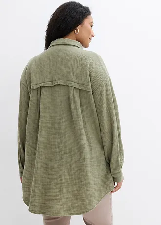 Oversized blouse van mousseline, Kleur: olijfgroen