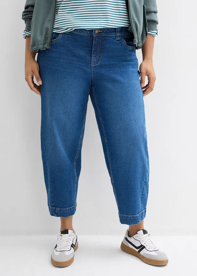 Jean barrel taille mi-haute, cropped, Couleur: bleu denim used