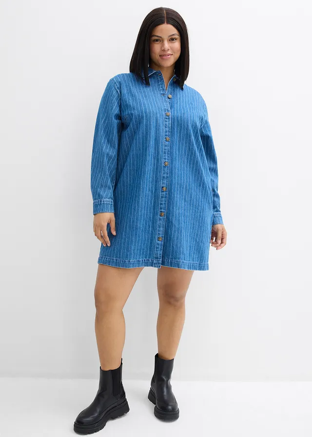Robe en jean à manches longues et rayures, coton, Couleur: bleu denim rayé