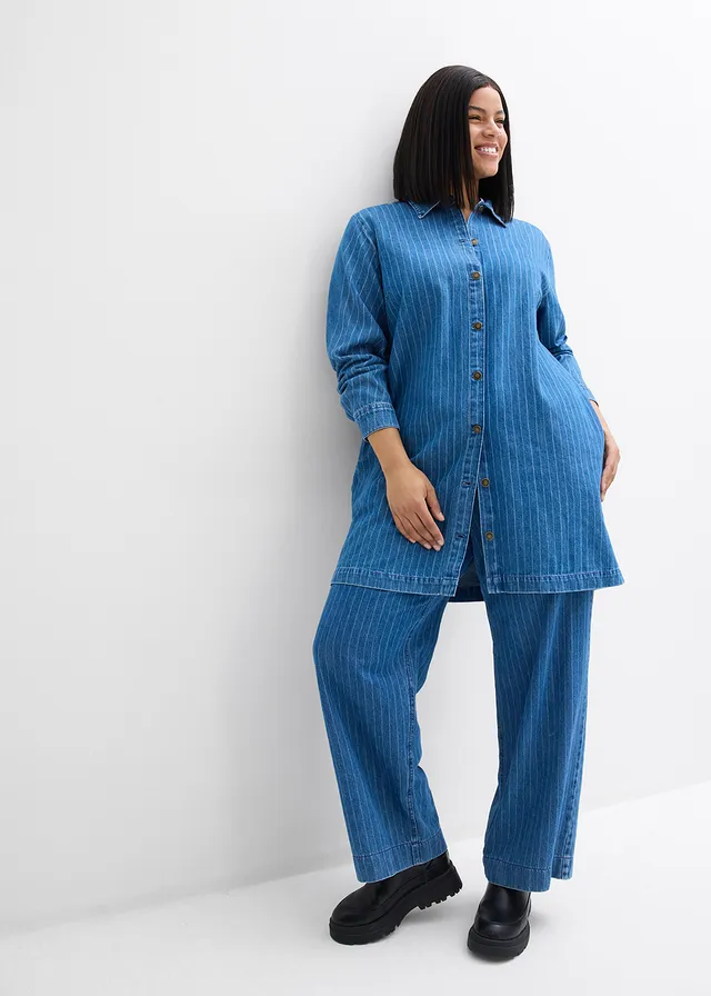 Robe en jean à manches longues et rayures, coton, Couleur: bleu denim rayé