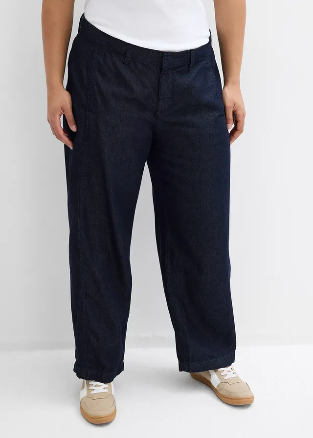 Jean barrel, taille mi-haute, Couleur: bleu foncé denim brut