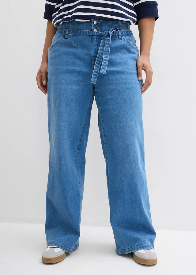Wide leg jeans, high waist, biologisch katoen, Kleur: lichtblauw denim used