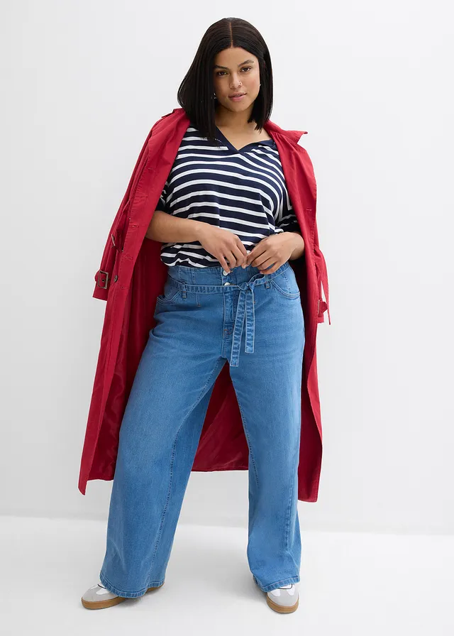 Jean large taille haute, Couleur: bleu clair denim used
