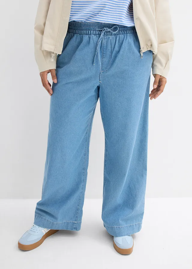 Jean large, taille mi-haute et élastiquée, Couleur: denim bleu glacier used