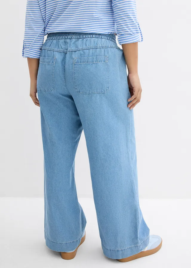 Jean large, taille mi-haute et élastiquée, Couleur: denim bleu glacier used