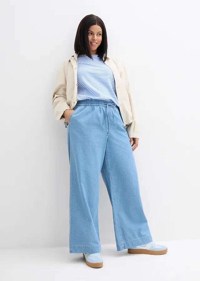 Jean large, taille mi-haute et élastiquée, Couleur: denim bleu glacier used