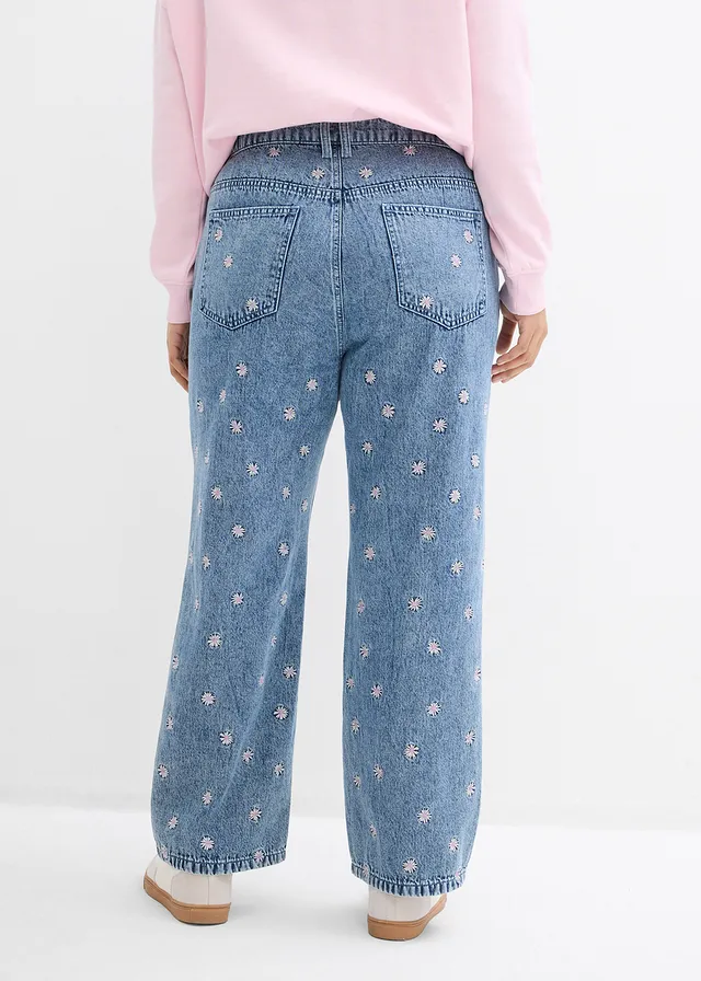 Jean droit, taille haute, coton, Couleur: bleu clair denim used