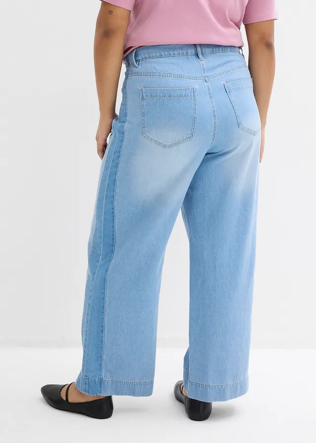 Wide leg jeans, high waist, van katoen, Kleur: lichtblauw denim used