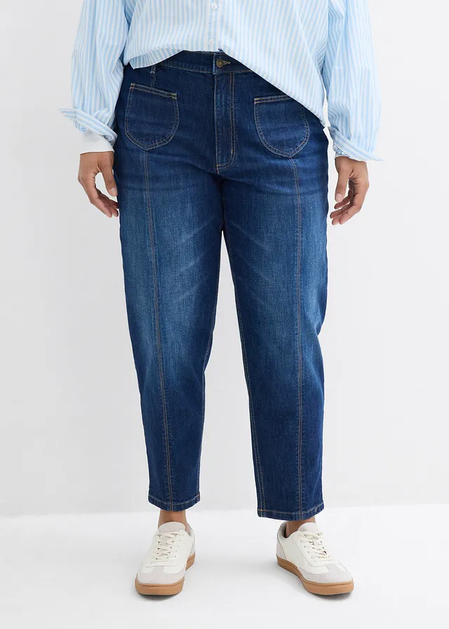 Jean mom taille haute, raccourci, Couleur: bleu foncé denim used