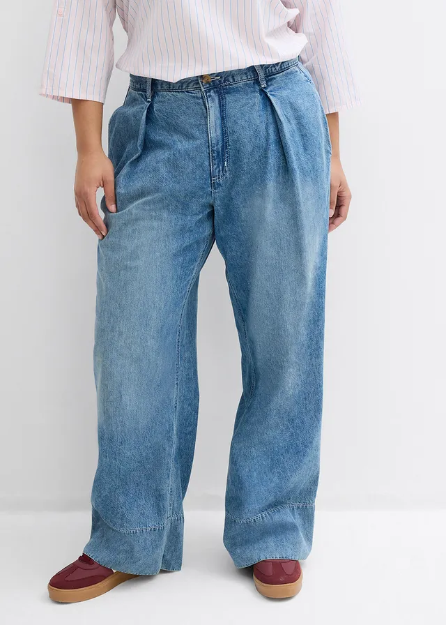 Wide leg jeans, high waist, Kleur: lichtblauw denim-lichtsand used