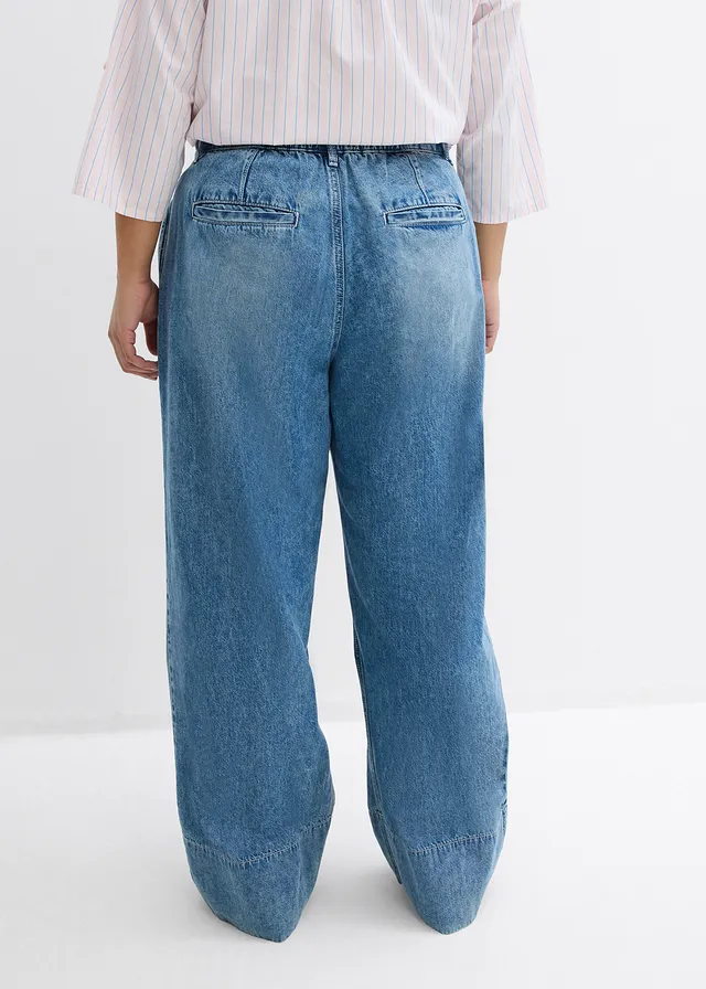 Wide leg jeans, high waist, Kleur: lichtblauw denim-lichtsand used