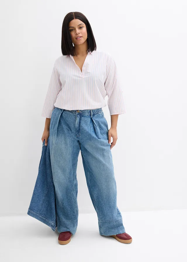 Wide leg jeans, high waist, Kleur: lichtblauw denim-lichtsand used