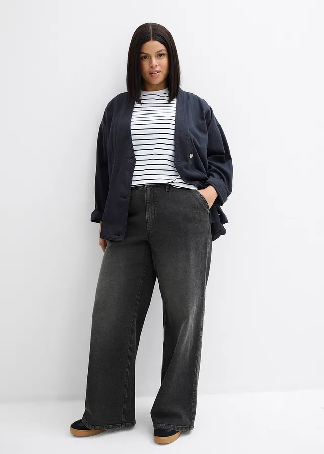 Jean droit loose, taille haute, Couleur: gris denim used