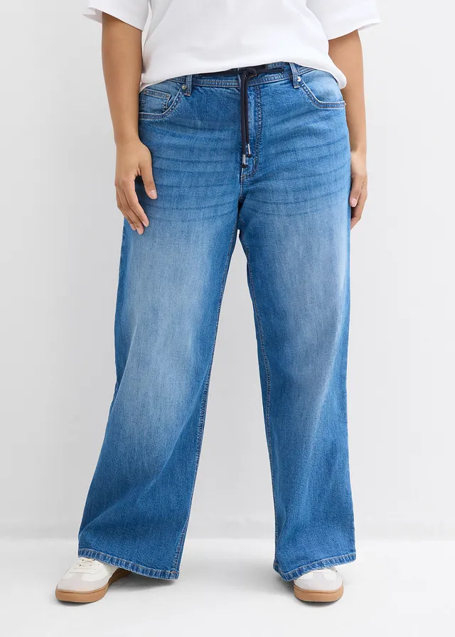 Jean droit loose, taille haute, Couleur: bleu moyen denim used