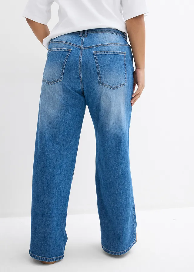 Jean droit loose, taille haute, Couleur: bleu moyen denim used