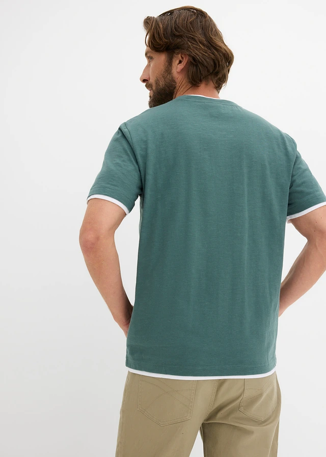 T-shirt in 2-in-1-look van slub jersey, Kleur: grijsgroen