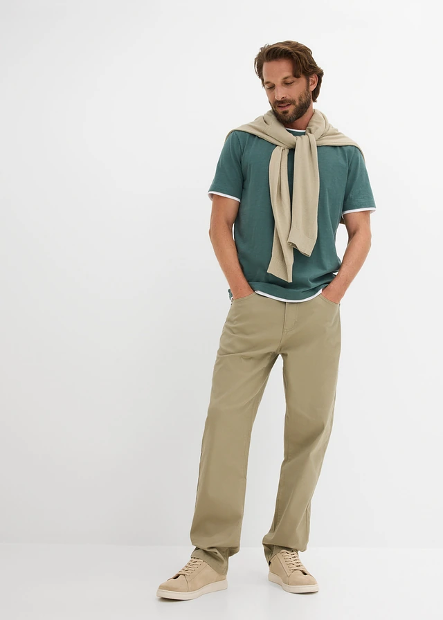T-shirt in 2-in-1-look van slub jersey, Kleur: grijsgroen