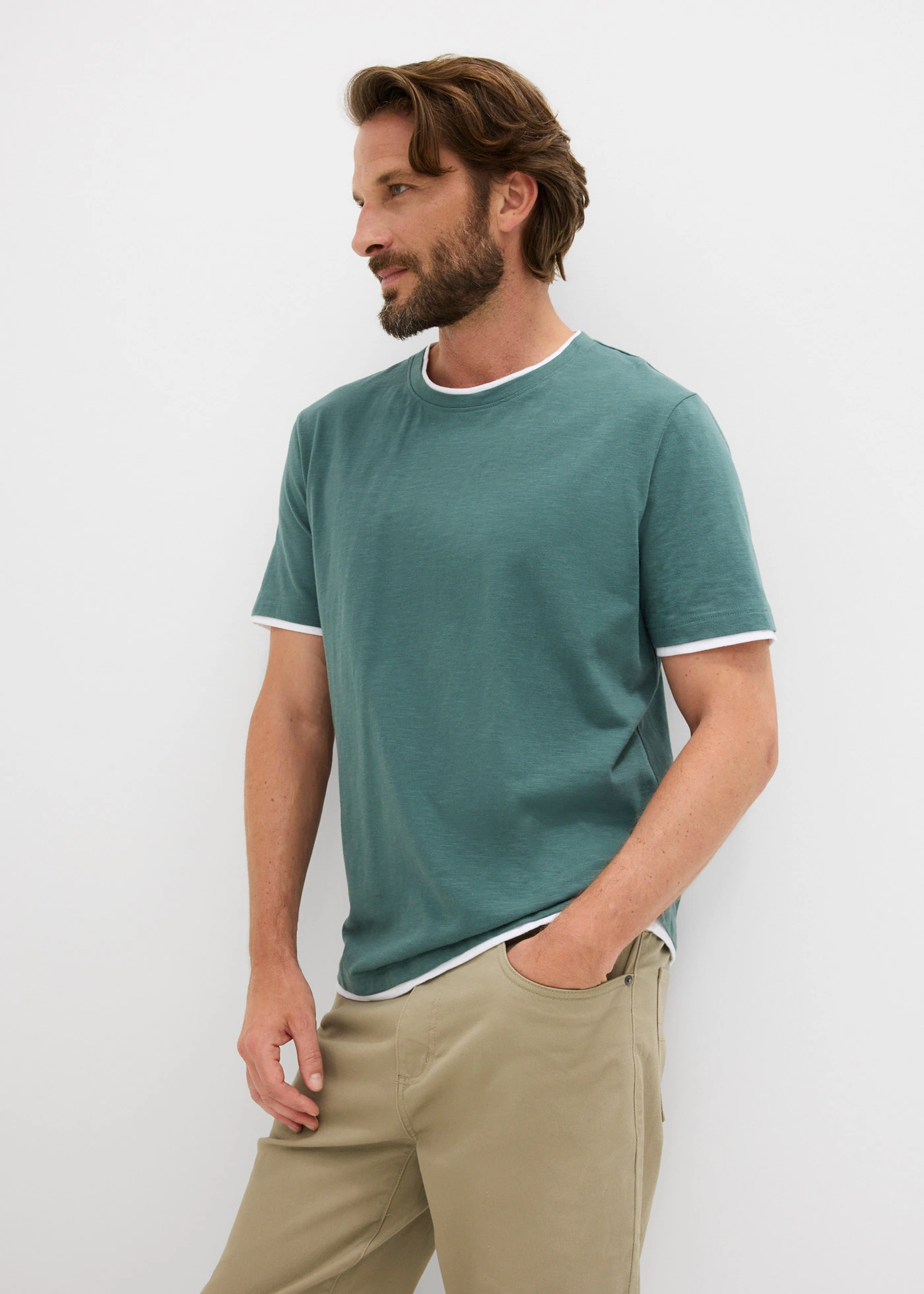 T-shirt in 2-in-1-look van slub jersey • grijsgroen • bonprix online shop