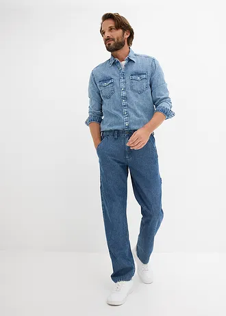 Blugi în stil carpenter ușori, Relaxed Fit, cu talie elastică, straight, culoare: albastru denim uzat