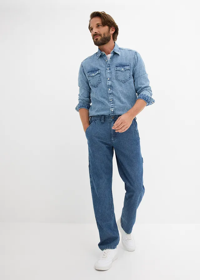 Lichte relaxed fit carpenter jeans met comfortband, straight, Kleur: blauw denim used