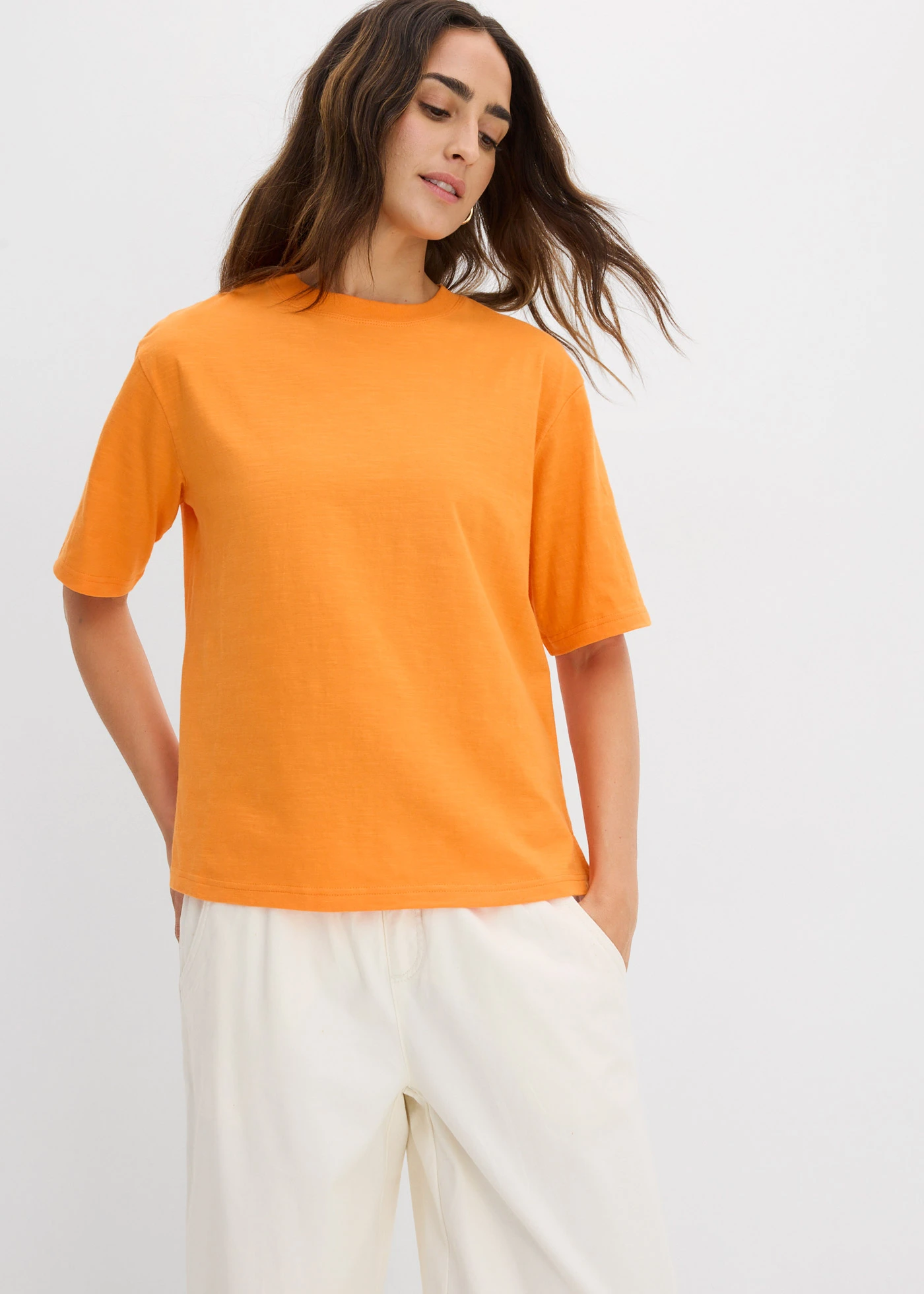 Bluză tricot boxy din fir cu flameuri, bumbac organic 100% (set/ 2 buc.) • bleumarin/oranj fluorescent • magazin bonprix