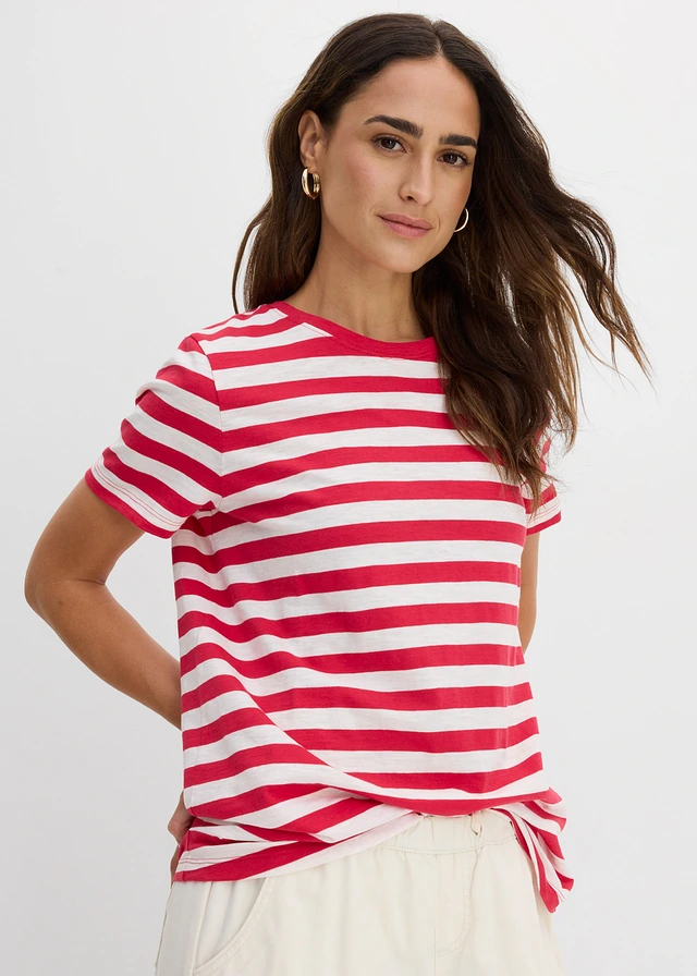 T-shirt met ronde hals van katoen (set van 2), Kleur: rood/wolwit/zwart
