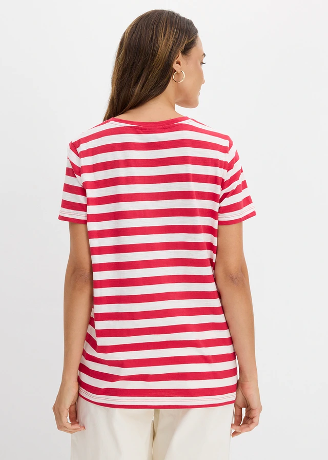 Lot de 2 T-shirts col rond en coton, Couleur: rouge-écru-noir